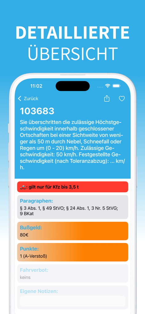 Tatbestandskatalog - Detailed view of a traffic violation in the Tatbestandskatalog app showing fines points and legal paragraphs