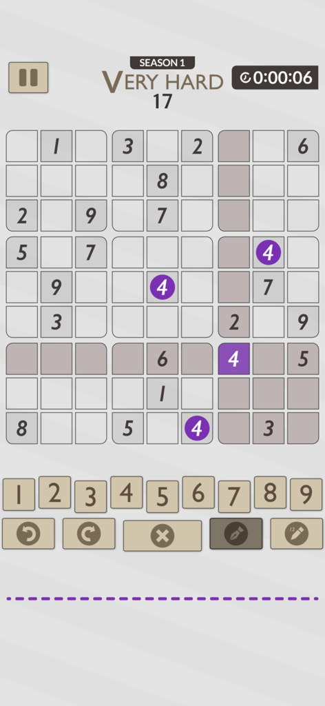 Sudoku Purple mobile app gameplay showing a very hard difficulty level