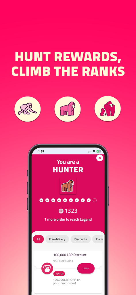 Gozilla - Delivery App - Gozilla delivery app interface showing loyalty program ranks and GoziCoins rewards system.