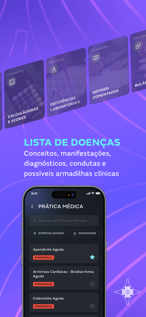 MEDMe Prática Médica - Mobile interface of the MEDMe Prática Médica app displaying a list of medical conditions and clinical tools.
