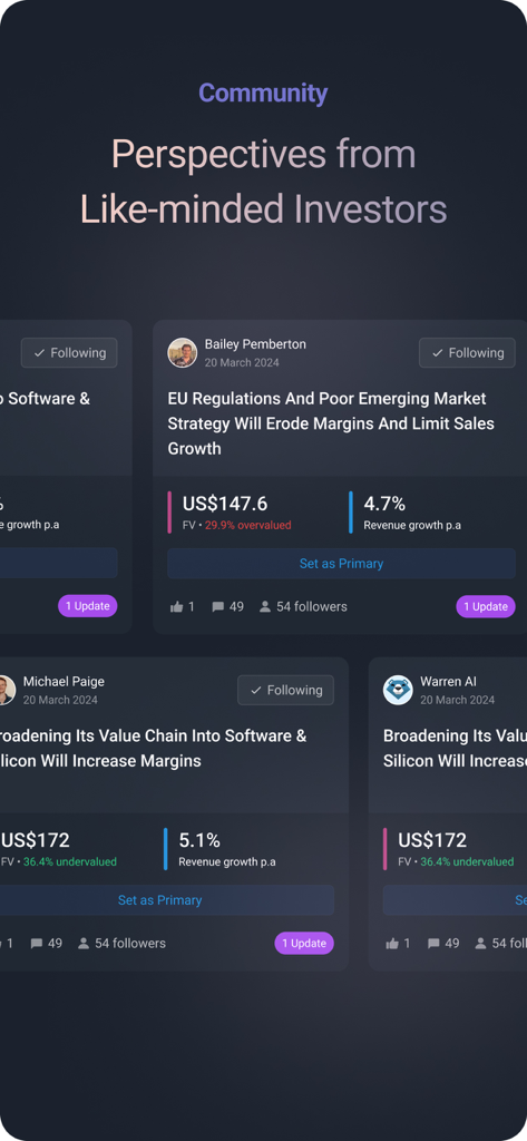 Simply Wall St app screen showing investor perspectives and community analysis on stock market trends.