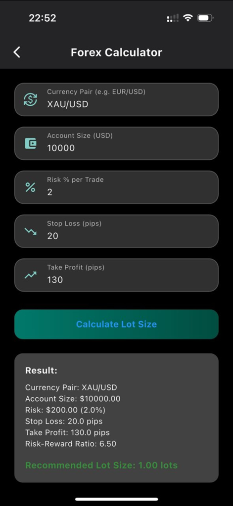Forex Genius app interface showing a lot size calculator with risk management results for gold trading
