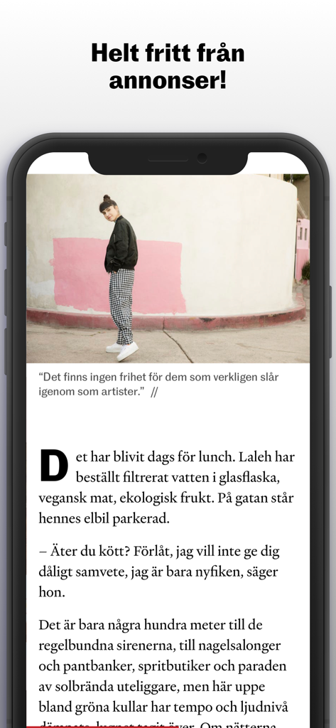 Vi - Interface of the Vi news app showing an ad-free long-form article with high-quality photography and clean typography.