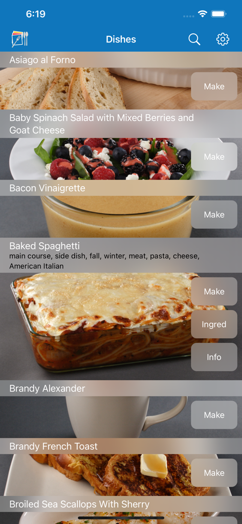 VizChefアプリのレシピリスト。高品質な食品写真と調理開始ボタンが表示されています。