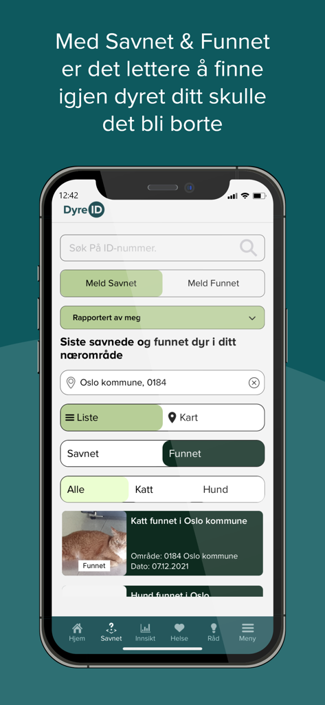 DyreID - Interface do aplicativo móvel DyreID mostrando o sistema de denúncia de animais perdidos e encontrados para pets com listagens da comunidade local