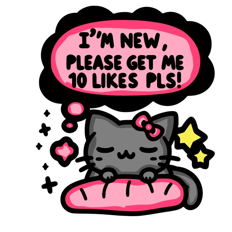 kitty taking a nap dream talking and saying "i'm new, please get me at least 10 likes pls!!"