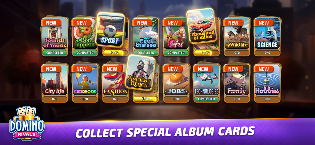 A display of various themed collectible album cards in the Domino Rivals mobile game.