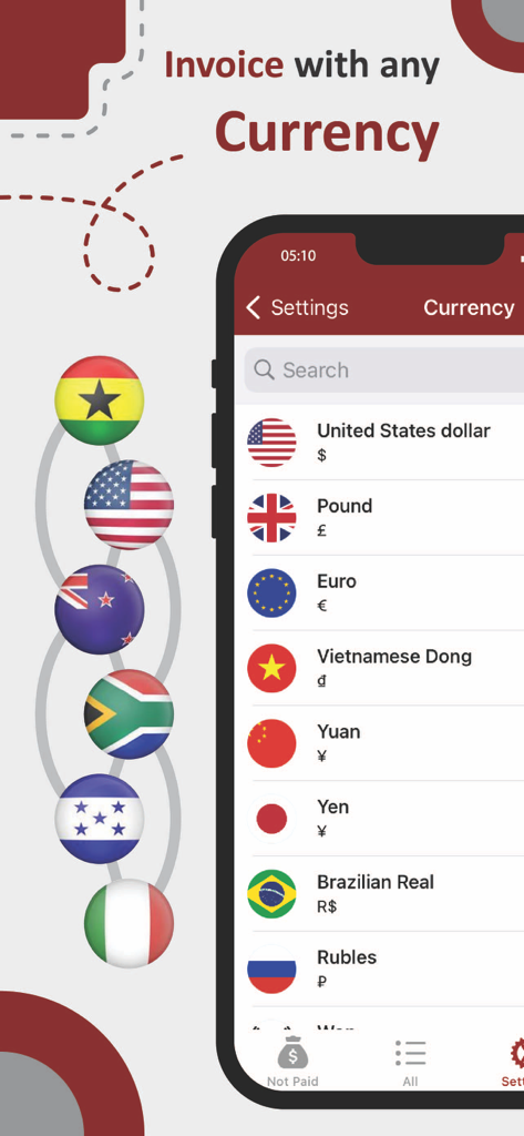 Invoice Maker : Easy & Speedy - Mobile app screen showing a list of global currencies for invoicing