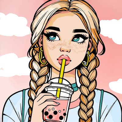 realistic girl with braided hair drinking boba