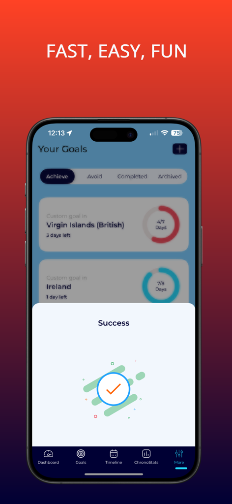 Chrono: Time in Place - Chrono app showing residency goals tracking for different locations with a success message