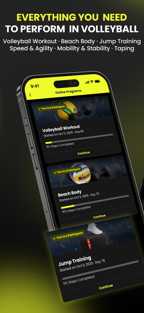 Smartphone showing VolleyTrain app online training programs for volleyball players