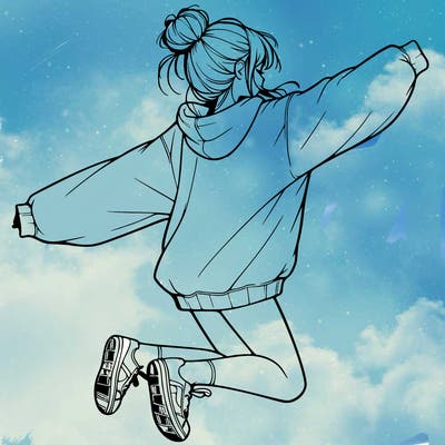 realistic girl jumping with a bun and oversized sweatshirt