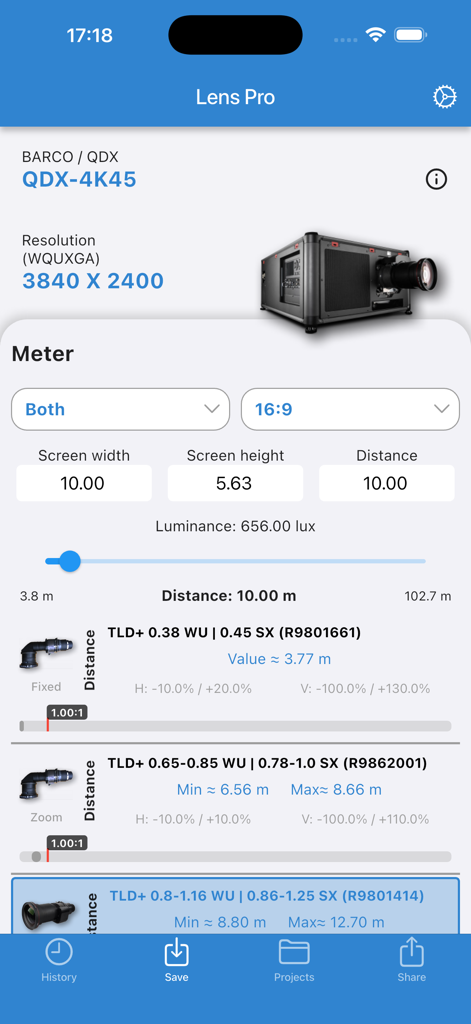 Pantalla de la aplicación LensPro para calcular la distancia de proyección y las opciones de lentes para proyectores Barco