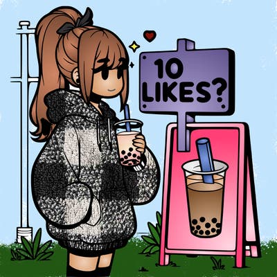 girl with oversized hoodie drinking boba and she has a high ponytail with a sign that says 10likes?