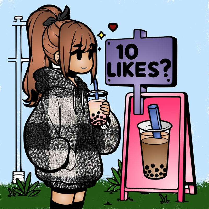 girl with oversized hoodie drinking boba and she has a high ponytail with a sign that says 10likes?