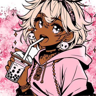 hot baddie anime girl drinking boba and biting the straw