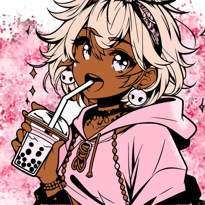 hot baddie anime girl drinking boba and biting the straw