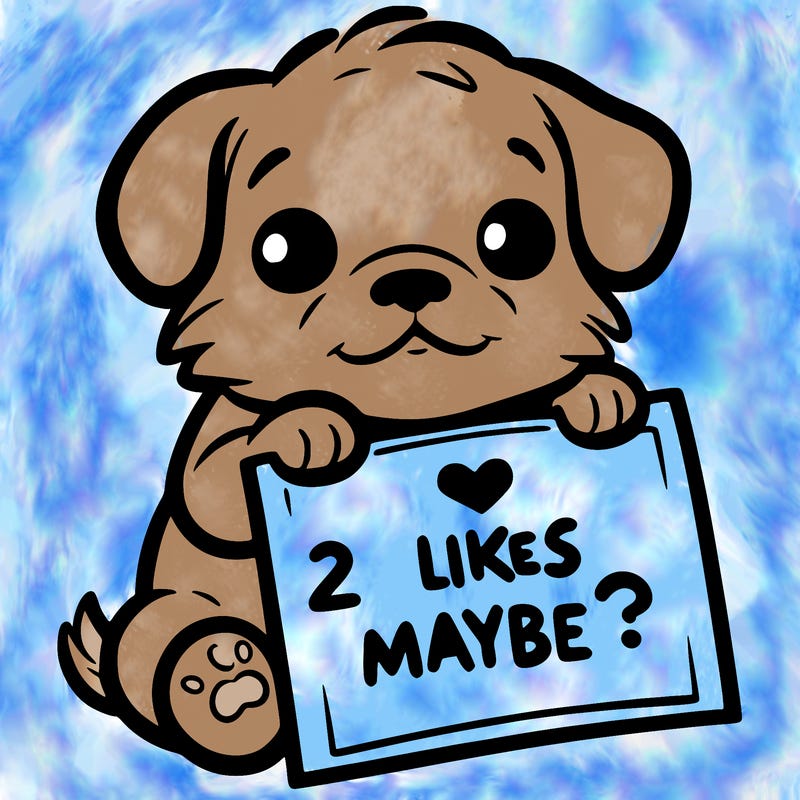 a puppy holding a sign that says 2 likes maybe?