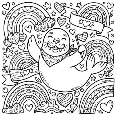 Embrace the spirit of Pride Month with this heartwarming coloring page featuring a cheerful Crabeater Seal amidst a flurry of rainbows and hearts. This delightful illustration invites you to add a splash of vibrant colors to a scene brimming with love and diversity.