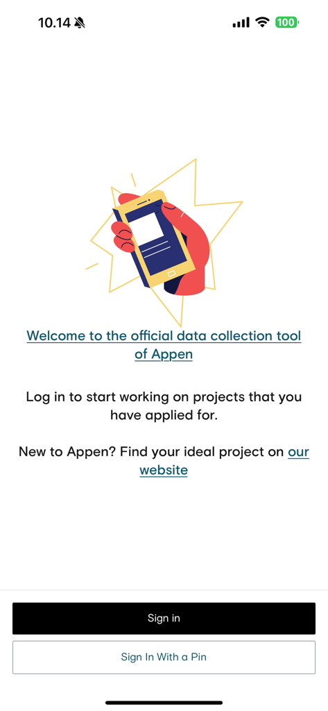 Appen Mobileへようこそ画面。サインインボタンとスマートフォンを持つ手のイラストが表示されています。