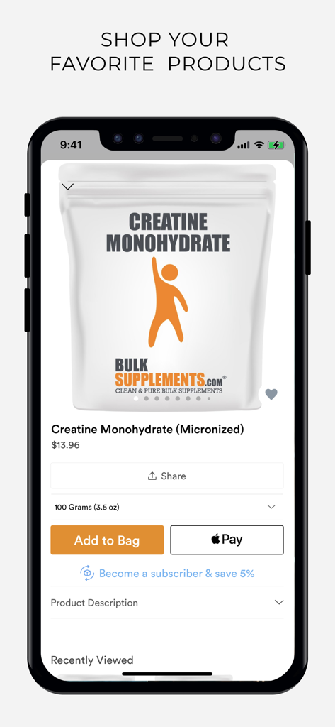 BulkSupplements Mobile App-Oberfläche, die eine Produktseite für Kreatin-Monohydrat mit Optionen zum Hinzufügen zum Warenkorb und Apple Pay anzeigt.