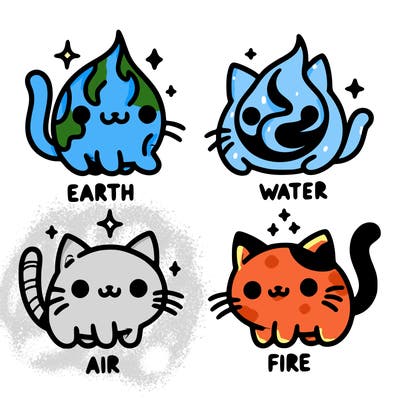 4 cats that represent the different elements, earth, water, air, and fire