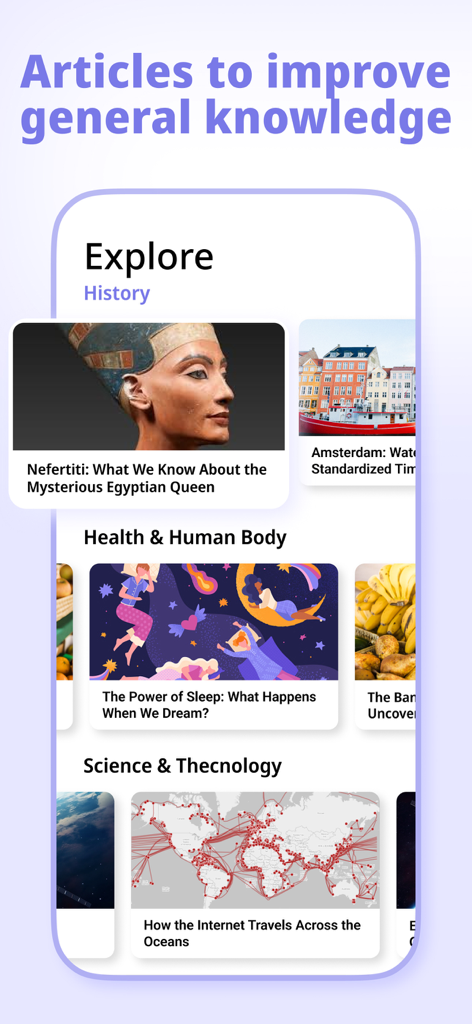 Nerdish: Daily Smart Learning - 一般知識のための歴史、科学、健康に関する教育記事が表示されているモバイルアプリのインターフェース。