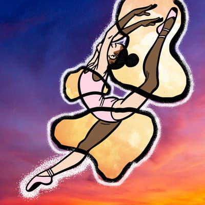 gymnast doing a leap in a leotard with a bent back leg