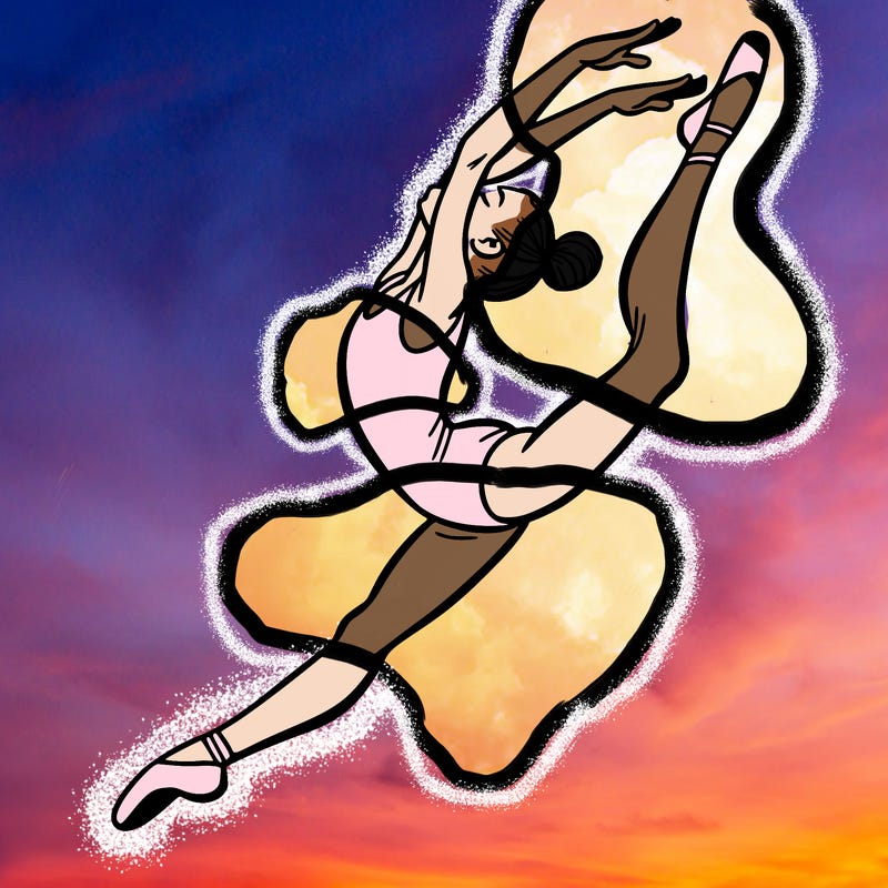 gymnast doing a leap in a leotard with a bent back leg