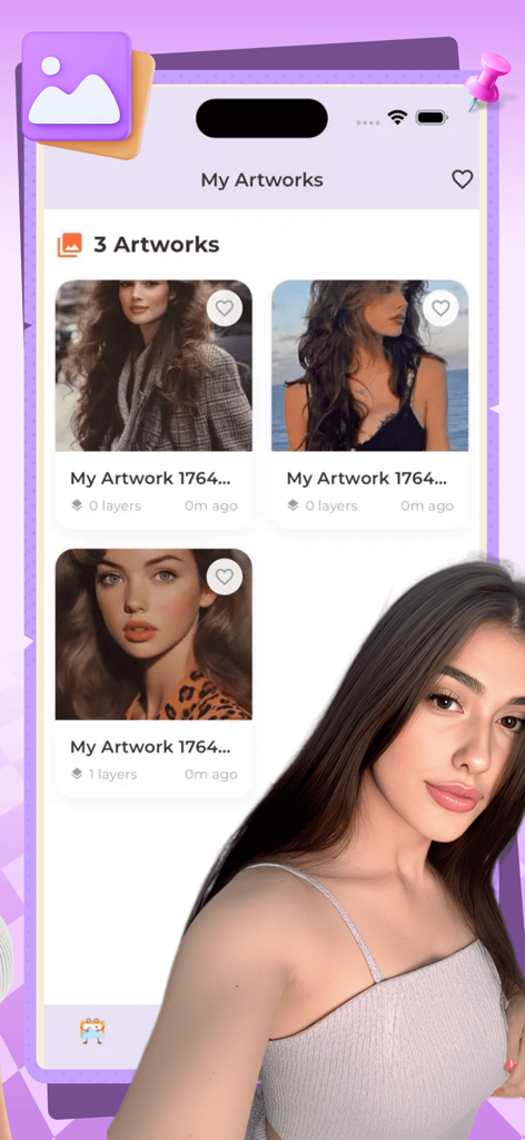 Jomil - Tela de aplicativo móvel mostrando uma galeria de obras de arte criativas intitulada Minhas Obras de Arte