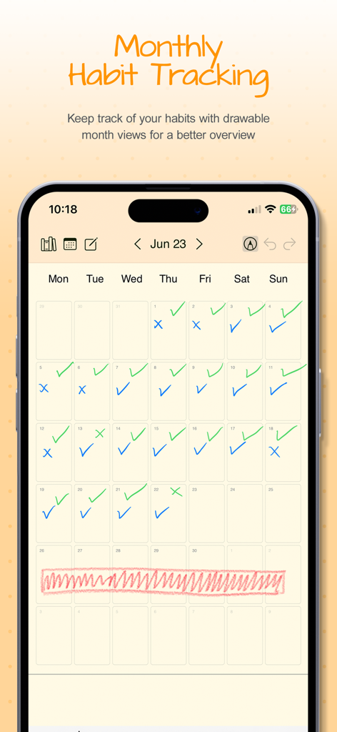 A monthly calendar view in the Penjo app showing handwritten habit tracking with blue and green checkmarks