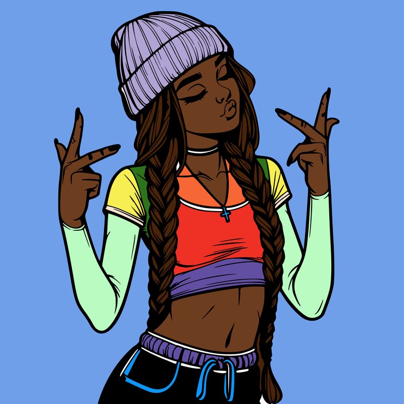 realistic teenage girl with braids and a beanie and crop top doing 🫶🏼