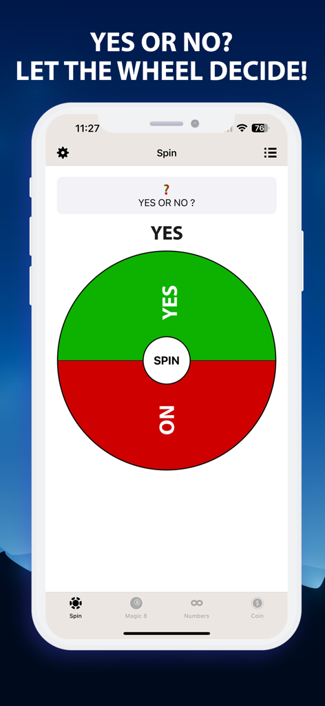 Yes or No Decision Maker Wheel - Interfaz de la app Rueda Tomadora de Decisiones Sí o No con una rueda giratoria roja y verde.