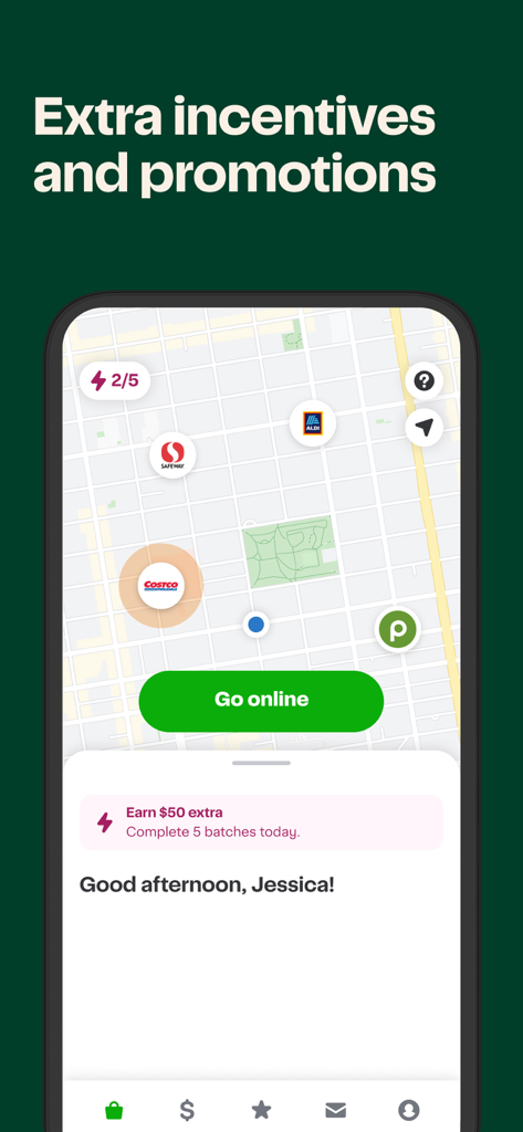 Map view of Instacart Shopper app displaying store locations and promotional batch incentives