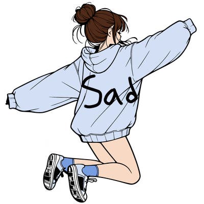 realistic girl jumping with a bun and oversized sweatshirt