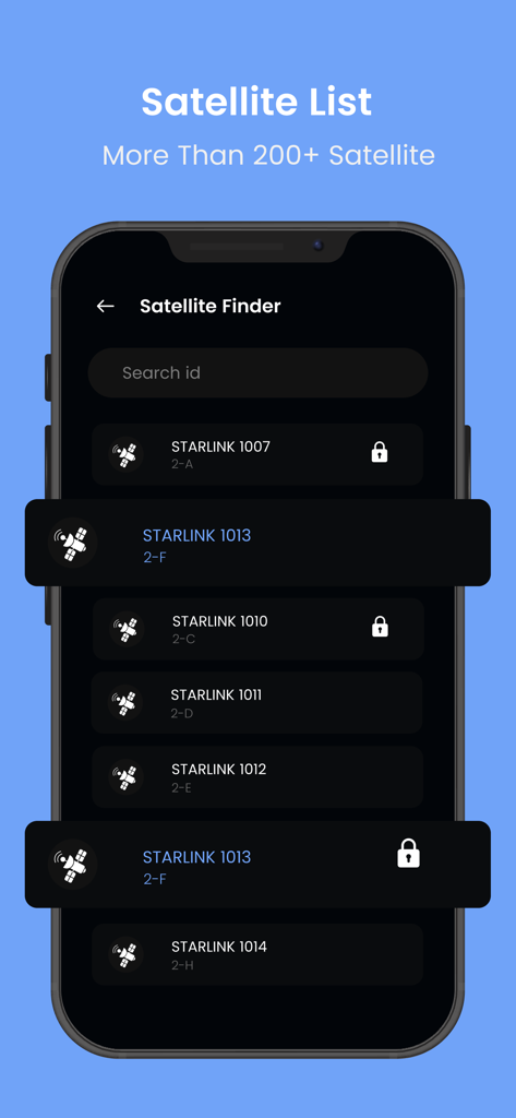 Starlink ISS Satellite Tracker - Schermata dello smartphone che mostra l'elenco dei cercatori di satelliti con vari satelliti Starlink nell'app di tracciamento