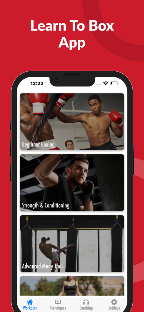 Learn to Box - Learn to Box app interface showing training categories for beginner boxing and advanced muay thai