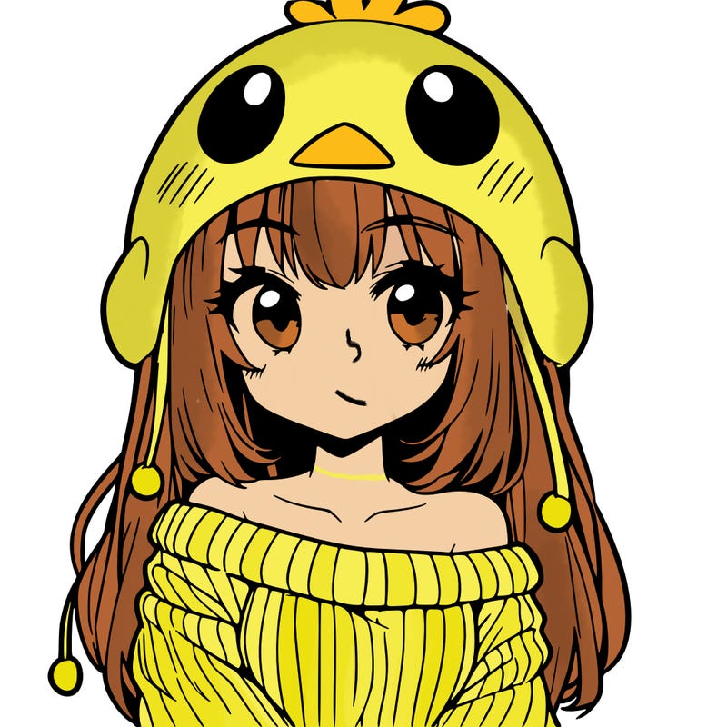 anime girl with chick shaped hat with sweater with bare shoulders with bangs covering them one eye with low tail