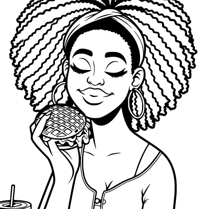 an african american woman eating a waffle burger realistic