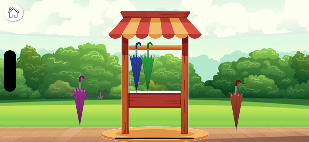 Una mini pantalla de juego donde las jugadoras ordenan paraguas coloridos en un tendedero de madera en un entorno de parque