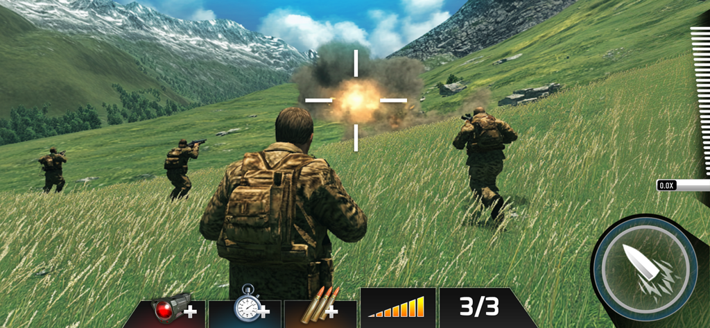 Kill Shot Bravo: Sniper Games - Gameplay screenshot showing soldiers in a grassy field during a tactical mission.