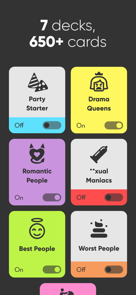 A screen showing various card deck categories like Drama Queens and Romantic People in the party game app.