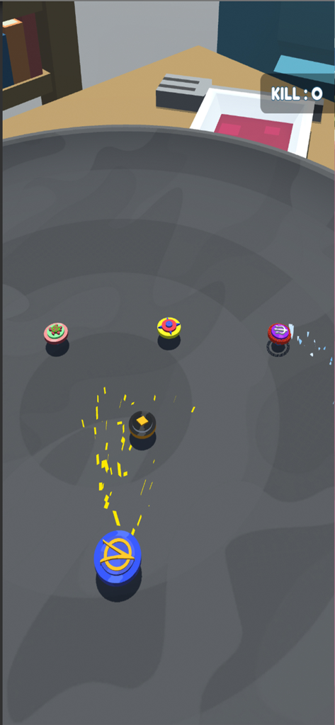Gameplay of Blade Battle IO showing colorful spinning blades battling in a circular arena
