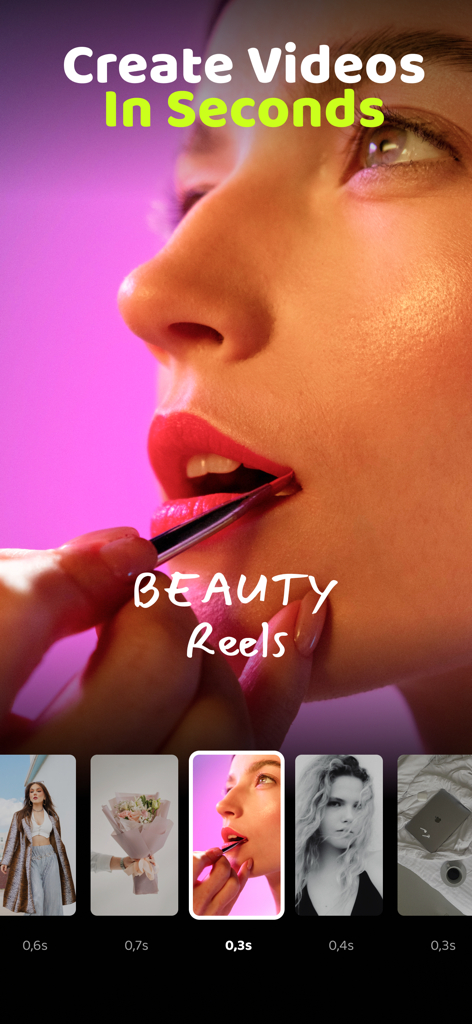 Unreels: Reel Video Editor - Interface of Unreels app showing a beauty reel template with synchronized video clips