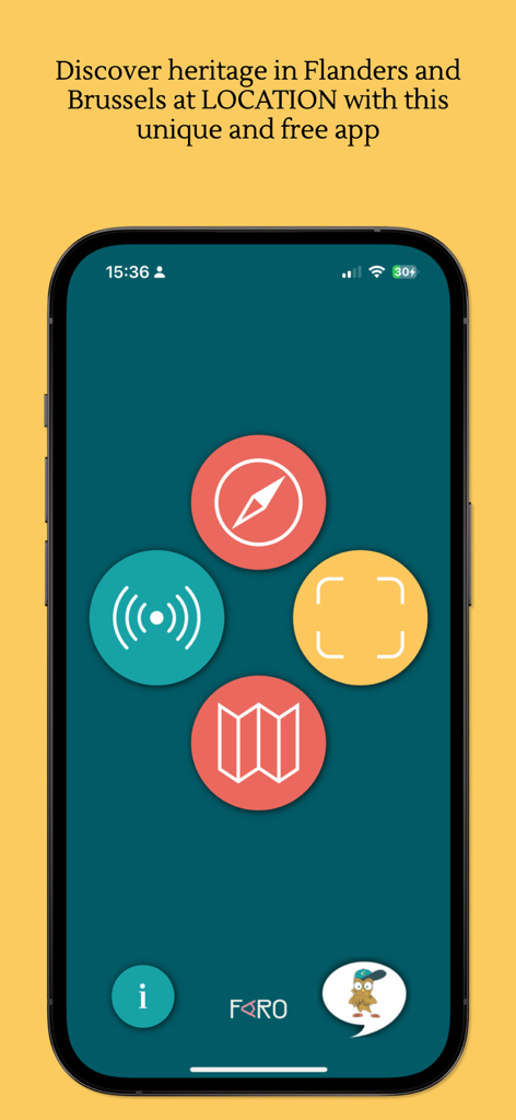 Heritage App - スマートフォンにナビゲーション、スキャン、近接アラート、マップ用の円形アイコンが表示されたヘリテージアプリのホーム画面