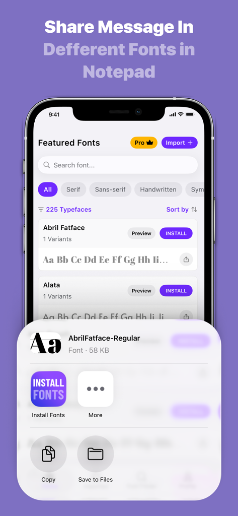 Fonts - Find, install any font - 선택한 글꼴을 설치하기 위한 오버레이 메뉴와 함께 추천 글꼴 목록을 표시하는 모바일 앱