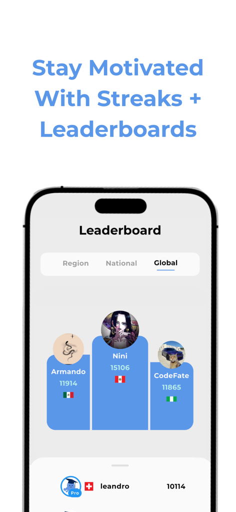 Studytok: Learn and Questions - 학생 순위, 점수 및 아바타가 포함된 Studytok 글로벌 리더보드를 보여주는 모바일 앱 화면