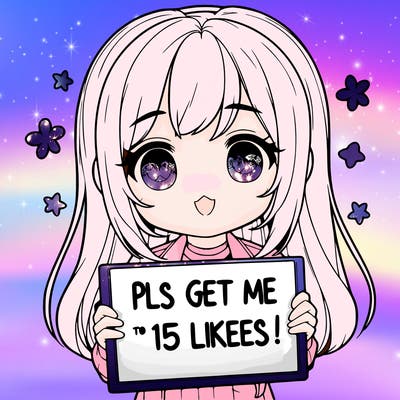 realistic girl holding up a sign that says “pls get me to 15 likes!”