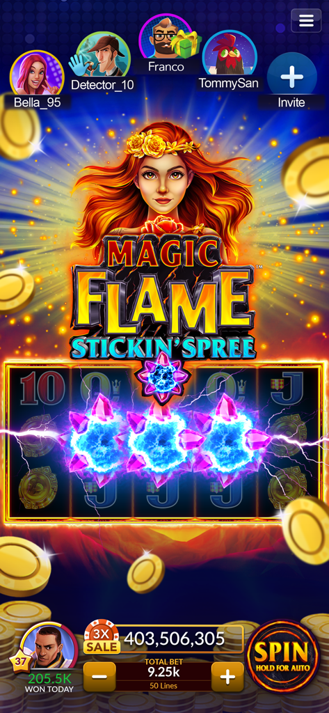 Big Fish Casino gameplay showing the Magic Flame slot machine with social player avatars and coin balance