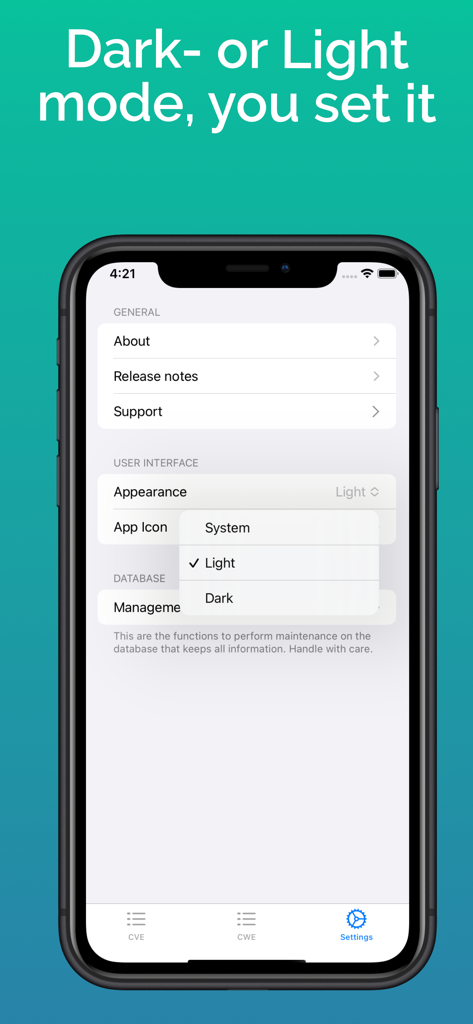 V-Check - V-Checkサイバーセキュリティアプリの設定ページ。外観モード選択メニューが表示されています。